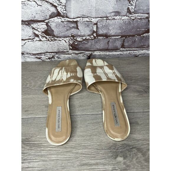 Saks Fifth Avenue White Tan Patent Leather Slides Open Toe Flats Sandals Women 9 - Picture 6 of 16